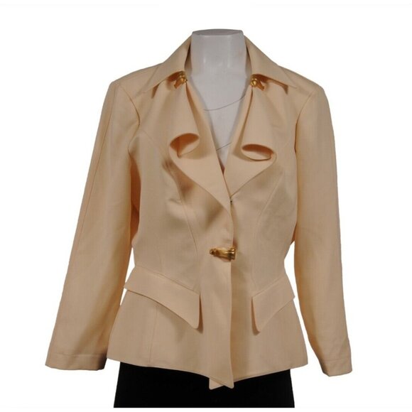 Thierry Mugler Womens Vintage Blazer IT 44 Cream Ruffled Wool Gold Hardware Y2k - Picture 1 of 16